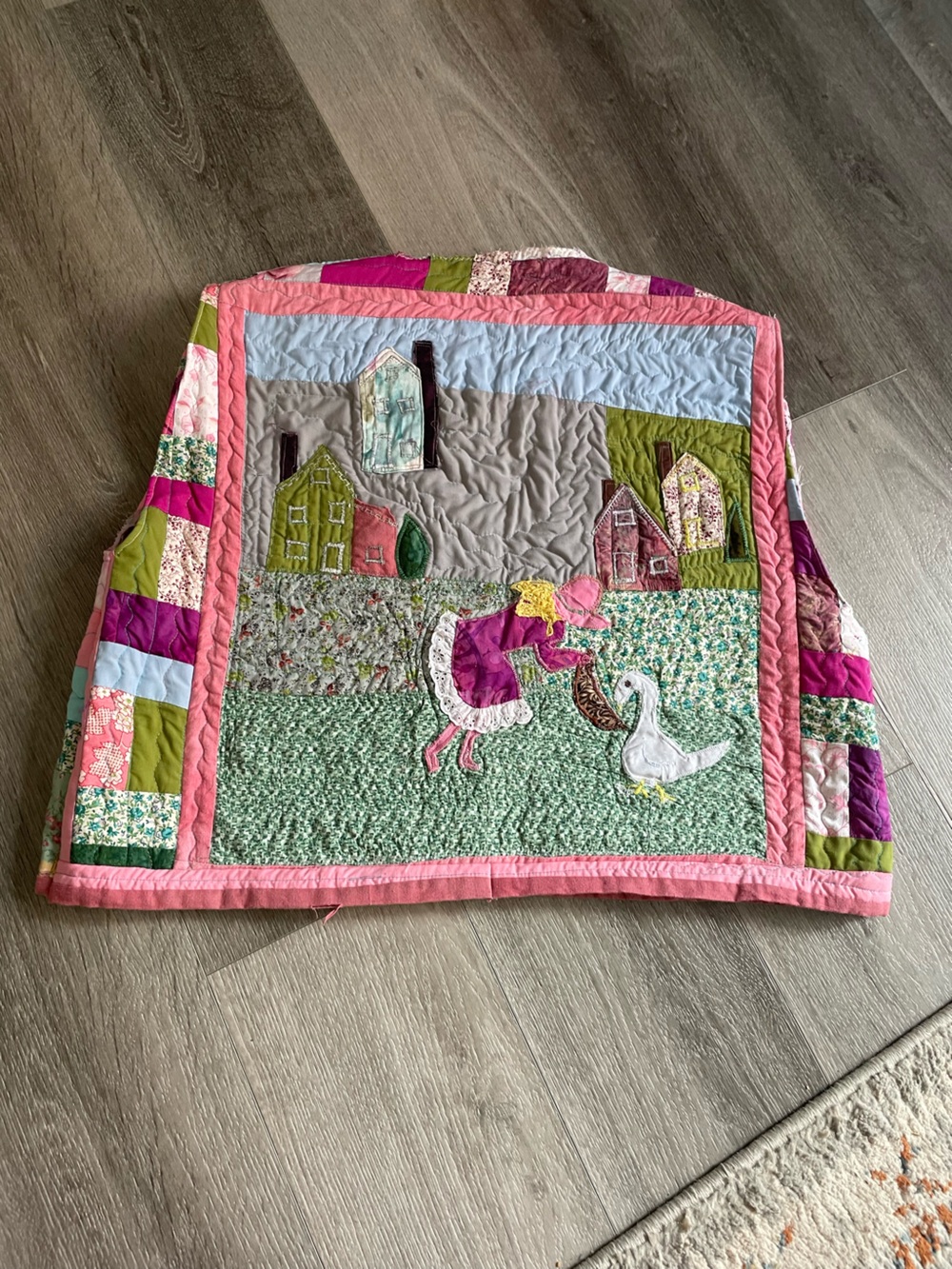Handmade colourful girl & 🪿 quilted vest OS